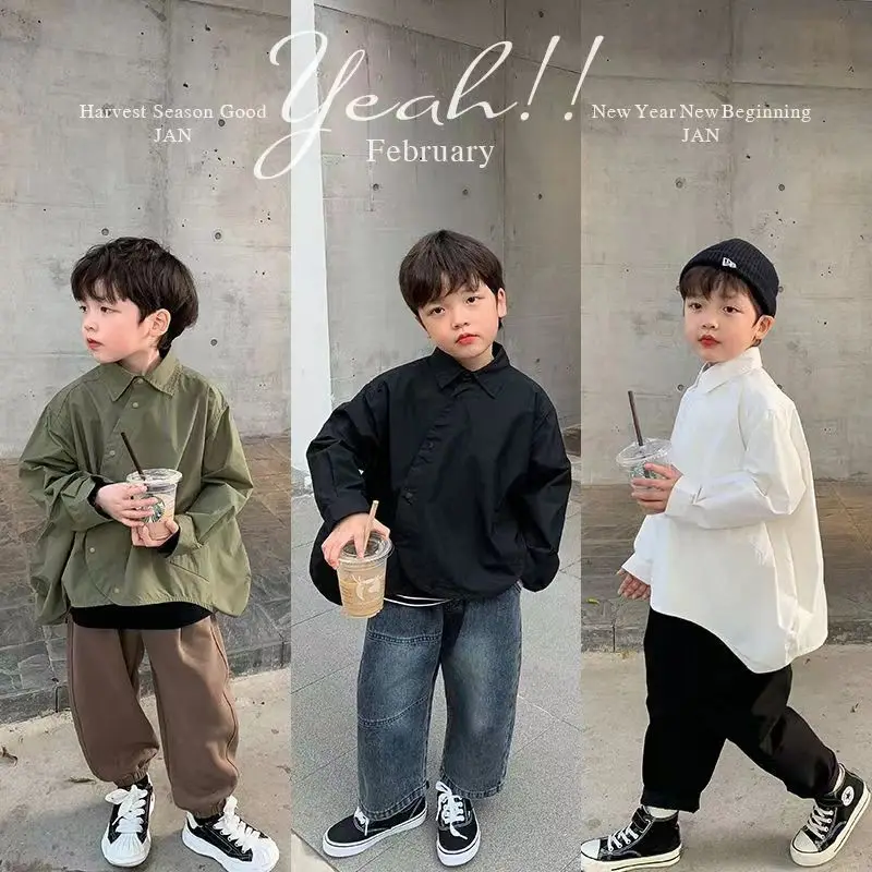 

Новая Осенняя цветная рубашка, пальто с рукавами, топ, однобортная длинная однотонная Детская куртка в Корейском стиле для мальчиков, модная весенняя одежда