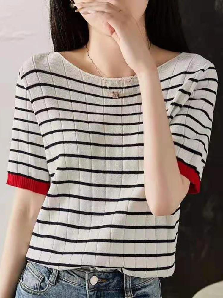 

2023 Summer Thin Sweater Women Striped Sweaters Pullover Corton Loose Casual Clothes Elasticity Short Sleeve Ladies Knitted Tops