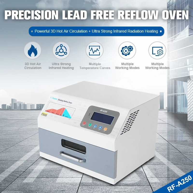 

RF-A250 Reflow Soldering Machine1600W Digital Display IC Infrared Hot Air Heating Reflow Oven 250x200mm For Pcb Small Production