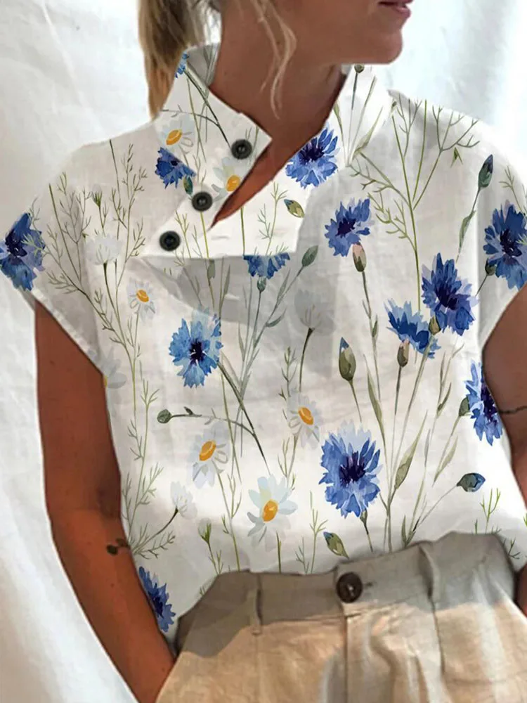 

Vintage Floral Printed Pullover Shirts Summer Elegant Stand Collar Buttoned Loose Pullover Women Casual Short Sleeve Tops Blouse