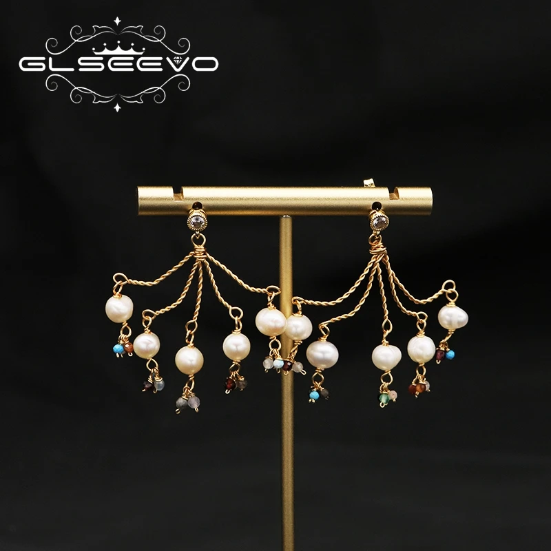 

GLSEEVO Natural Freshwater Pearls 18k Electroplated Gold Woman Pendant Earrings Art Vintage Fine Jewelry Anniversary Gift
