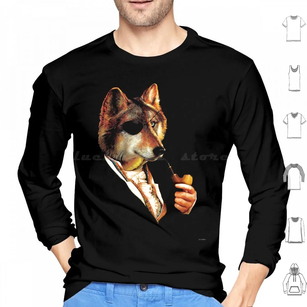 

Baron Von Wolf Hatches A Plan Hoodie cotton Long Sleeve Wolf Classy Pipe Eye Patch Fancy Animal Wolves Dinomike
