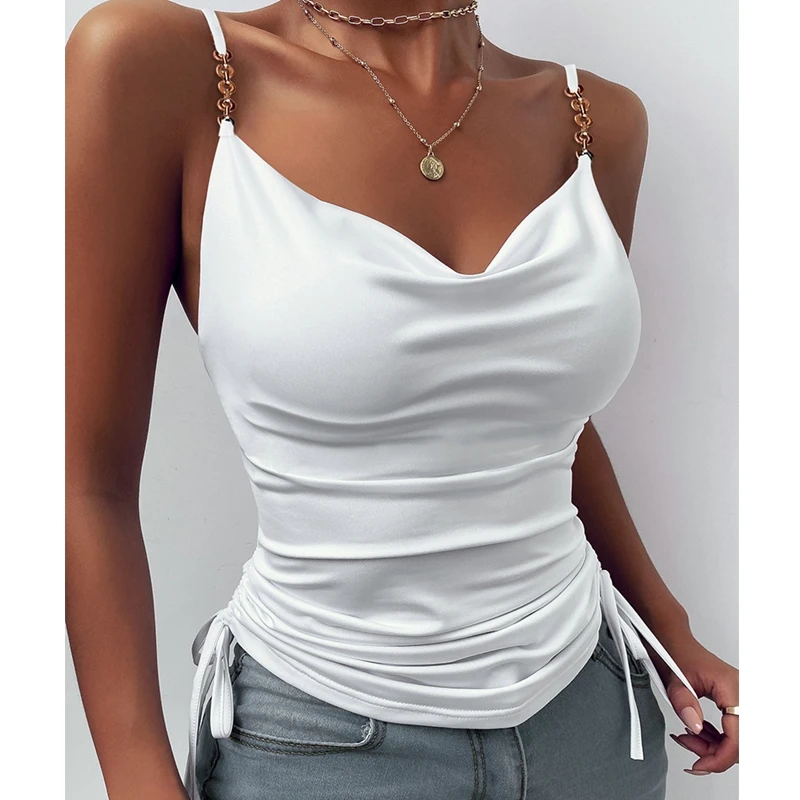 

Women Spaghetti Strap Vest Top Sexy Solid Color Slim Pullover Chain Camis Top Women's Casual Sleeveless V-neck Backless Vest Top