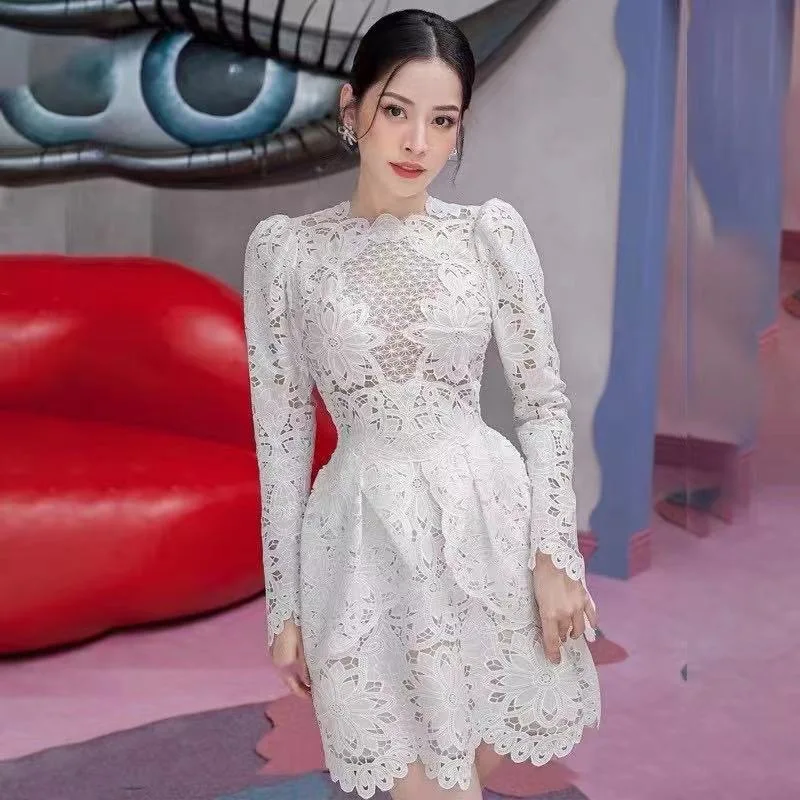 

High Quality White Lace Party Dress Women Floral Print Hollow Out Long Puff Sleeve Cake Mini Dresses High Waist Runway F053