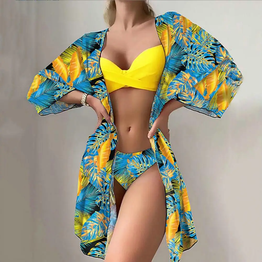 

Женский комплект бикини с цветочным принтом, купальник из трех предметов с заниженной талией и косами, купальник с длинным рукавом пуш-ап, п...