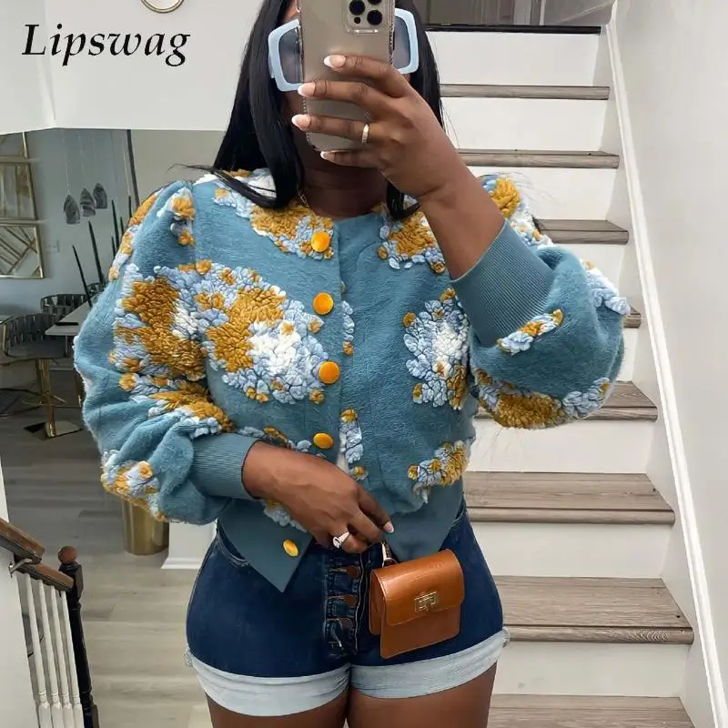 

Vintage Applique Flower Women Coat Tops Female Casual Long Sleeve Single-breasted Jacket Fashion O Neck Loose Short Outwear Coat