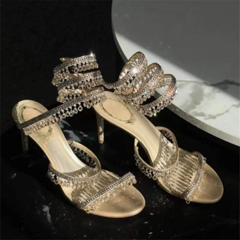 Summer Sexy Ladies Sandals Round Toe Prom Shoes Fringed Crystal Lights Snake-like Ankle Straps Rhinestone Mature Women Sandals