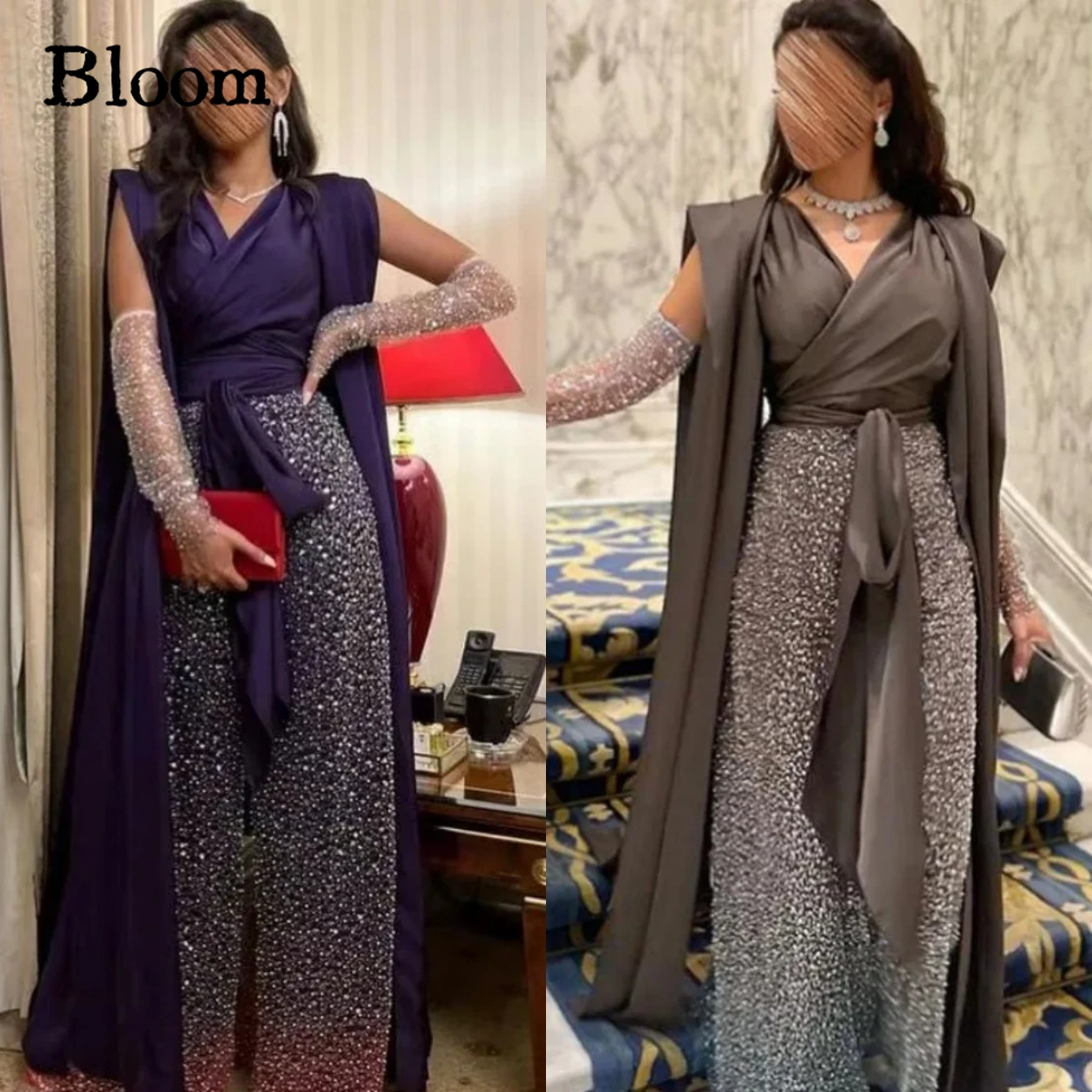 

Bloom V-Neck Formal Evening Dress Slim Paillette Appliques Long Sleeves Satin High-end Custom Prom Gowns Jumpsuit Arabia Women