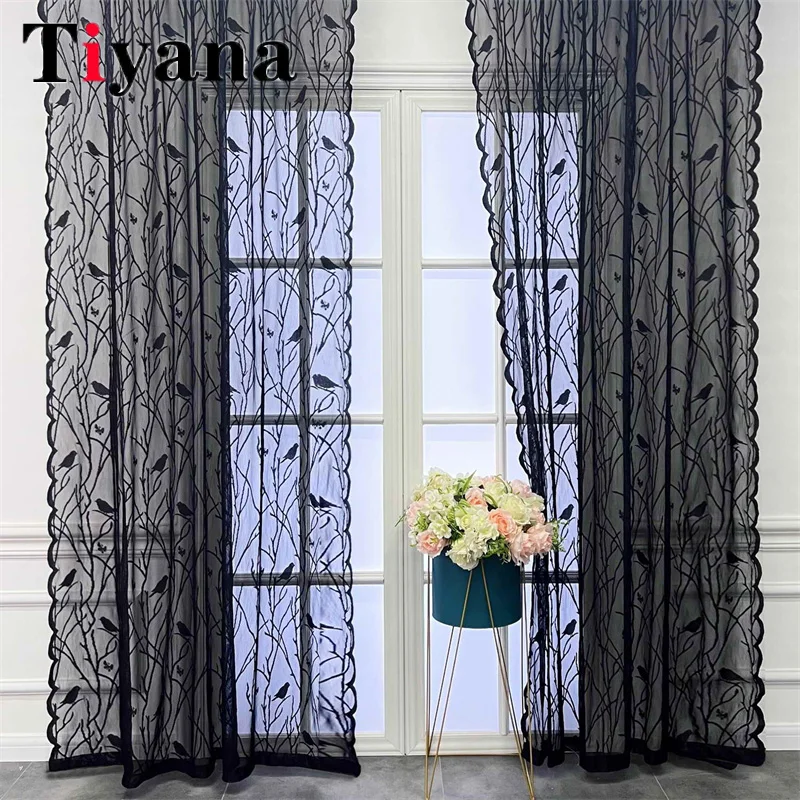 

French Retro Black Bird Lace Embroidery Sheer Tulle Bay Window Curtains For Bedroom Living Room Grommet Ring Volie Fabric Drapes
