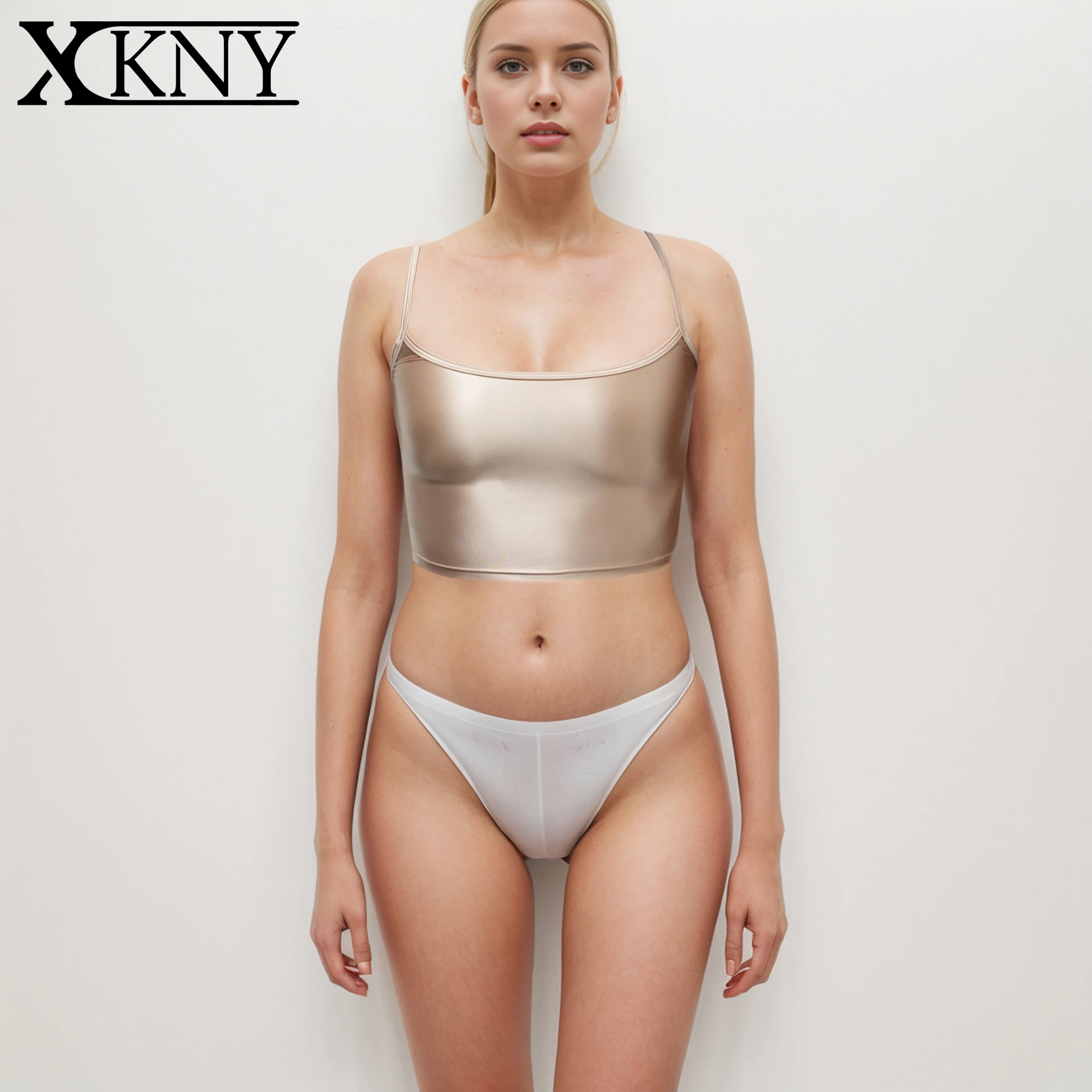 Фото Спортивный топ-майка XCKNY серии Glossiness: эластичный, универсальный, с глянцевым эффектом, без рукавов, на бретелях, с цветным низом, для занятий спортом №2