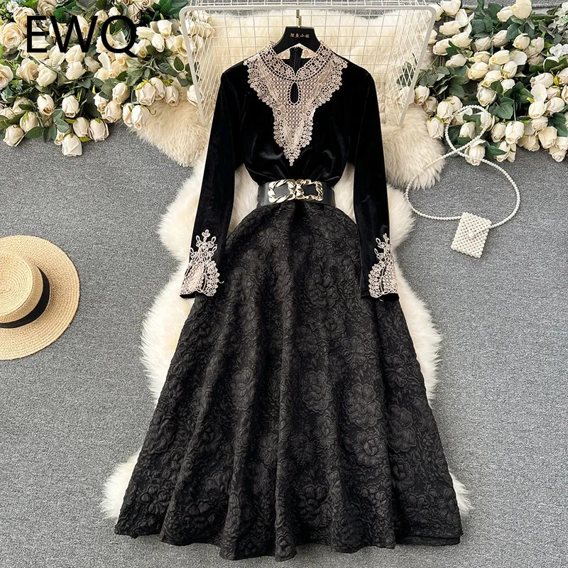 Платье женское кружевное ТРАПЕЦИЕВИДНОЕ с длинным рукавом и воротником-стойкой