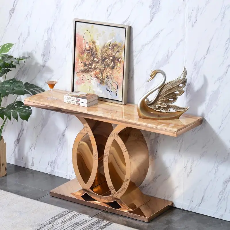 

Light Luxury Entrance Porch Post Modern Stainless Steel Minimalist Hall Console Table Aisle Corridor Marble Golden Furniture