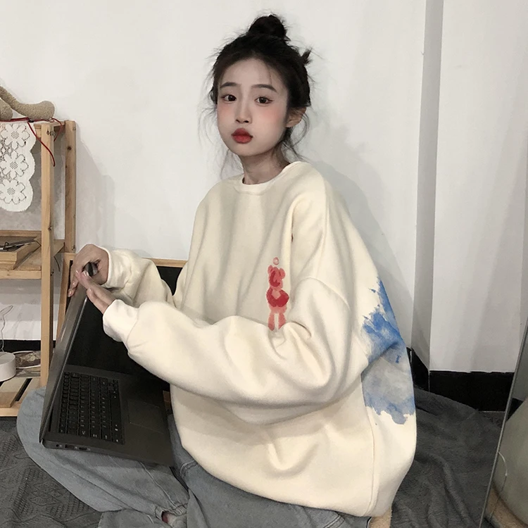 

6279 2022 new wild watercolor bear print plus velvet round neck long sleeve pullover Sweatshirts