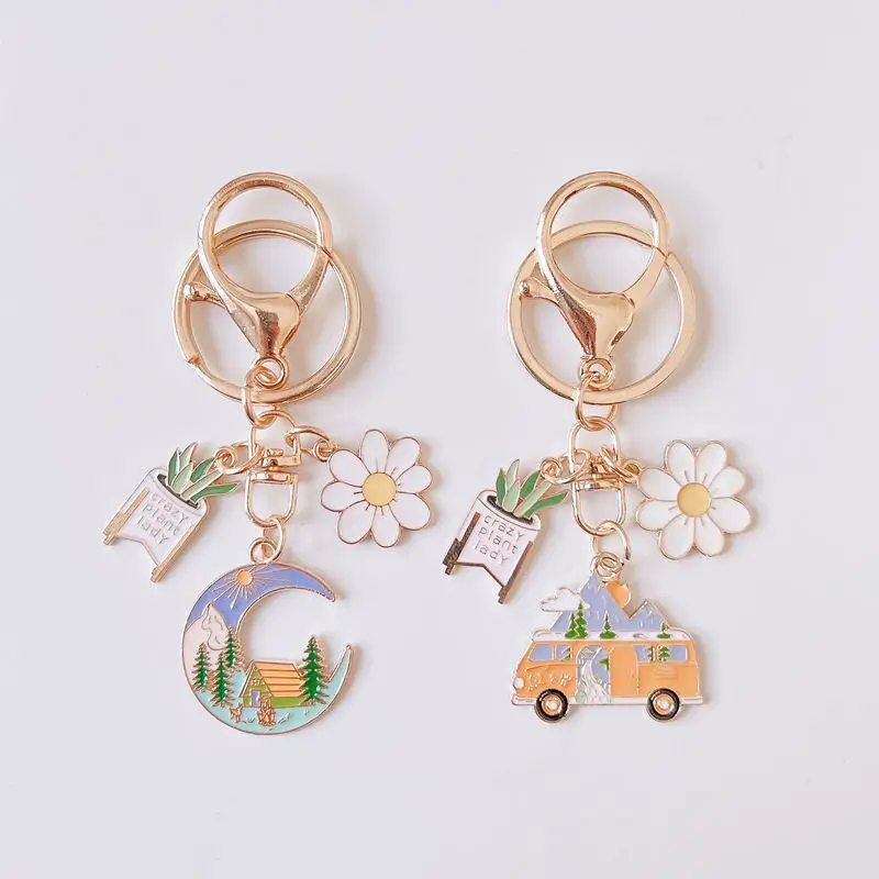 

Enamel Key Chain with Flowers and Plants, Tourist Bus Key Ring, Camping Key Chain, Jewelry Gift Key Chain