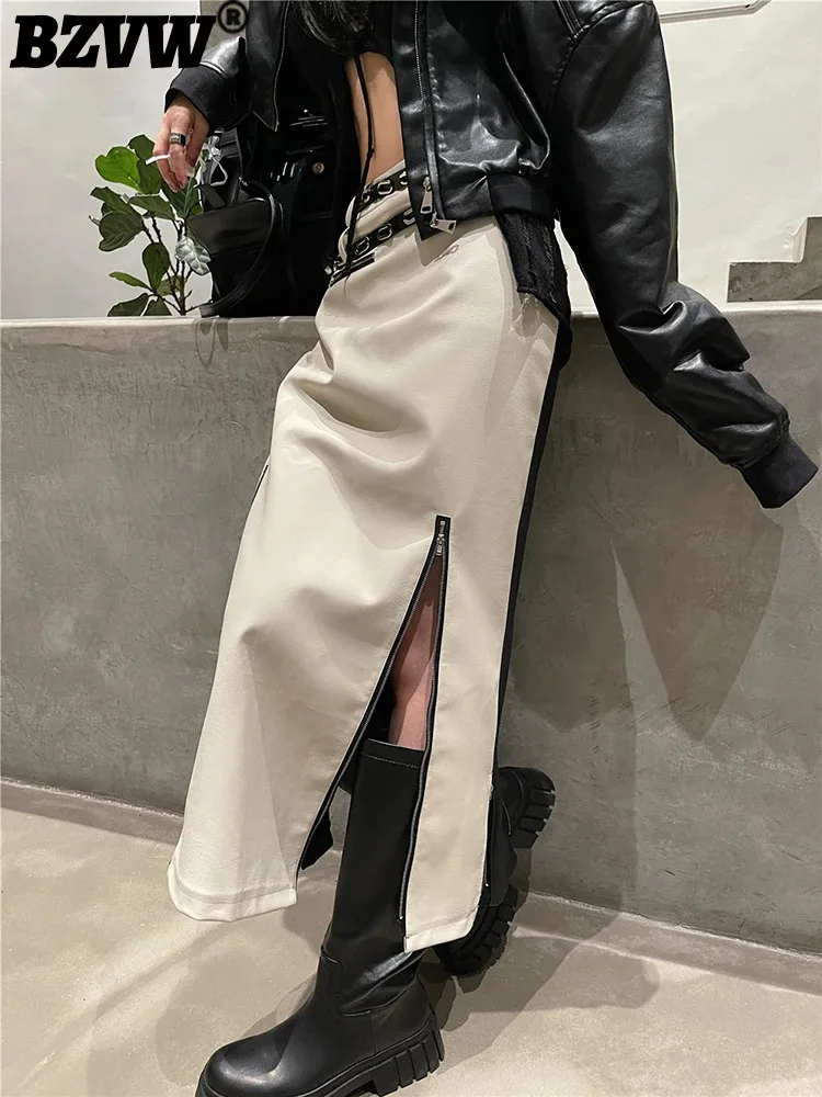 

Женская длинная юбка BZVW, дизайнерская юбка из искусственной кожи контрастных цветов с разрезом, молнией спереди и сзади, 25X3478