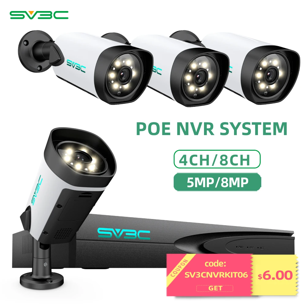 

SV3C 4K Security Camera System, 4CH 8CH Wired 5MP 8MP Outdoor PoE IP Camera With Person Detection, NVR Kit, 24h Recording CCTV