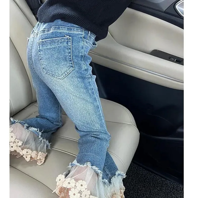 

2 4 6 7Y Girls Jeans Children's Spring and Autumn Trousers 2023 New Fashionable Girls Baby Flare Pants Lace Pants
