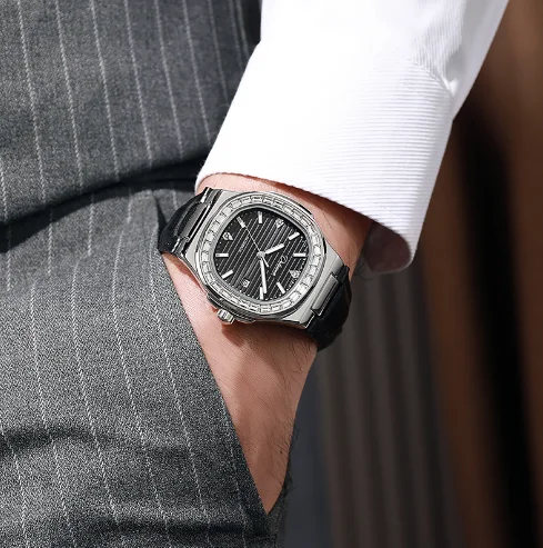 Мужские полностью автоматические механические часы с ремешком из нержавеющей