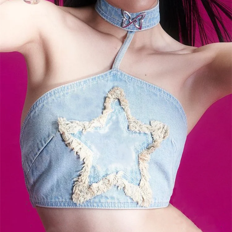 

Американский сексуальный Топ без бретелек с лямкой через шею, женский весенний джинсовый жилет с принтом звезд для E-Girl, Y2k, эстетичный облегающий топ на шнуровке