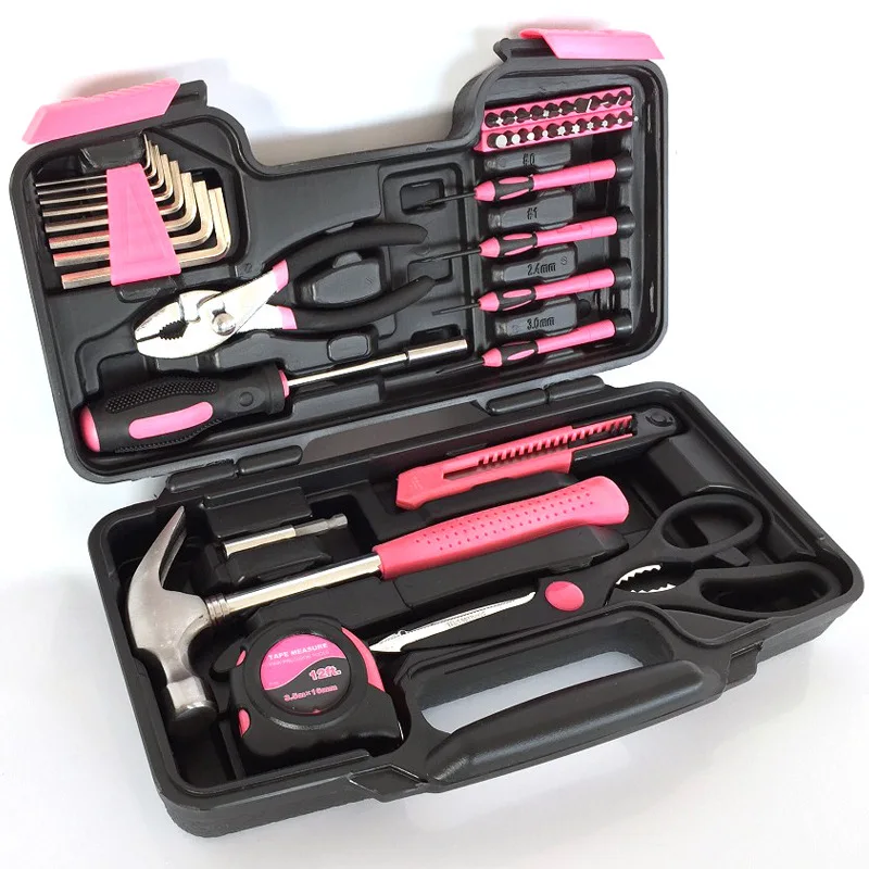 

Многофункциональный набор ручных инструментов для дома, розовый женский набор инструментов, гаечный ключ, отвертка, плоскогубцы, молоток, 39...