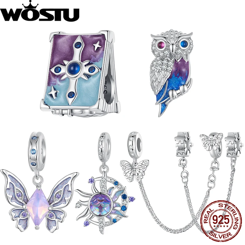 

WOSTU 925 Sterling Silver Magic Butterfly Pendant Enamel Purple Sun and Moon Jigsaws Safty Chain Fit Original Bracelet DIY Charm