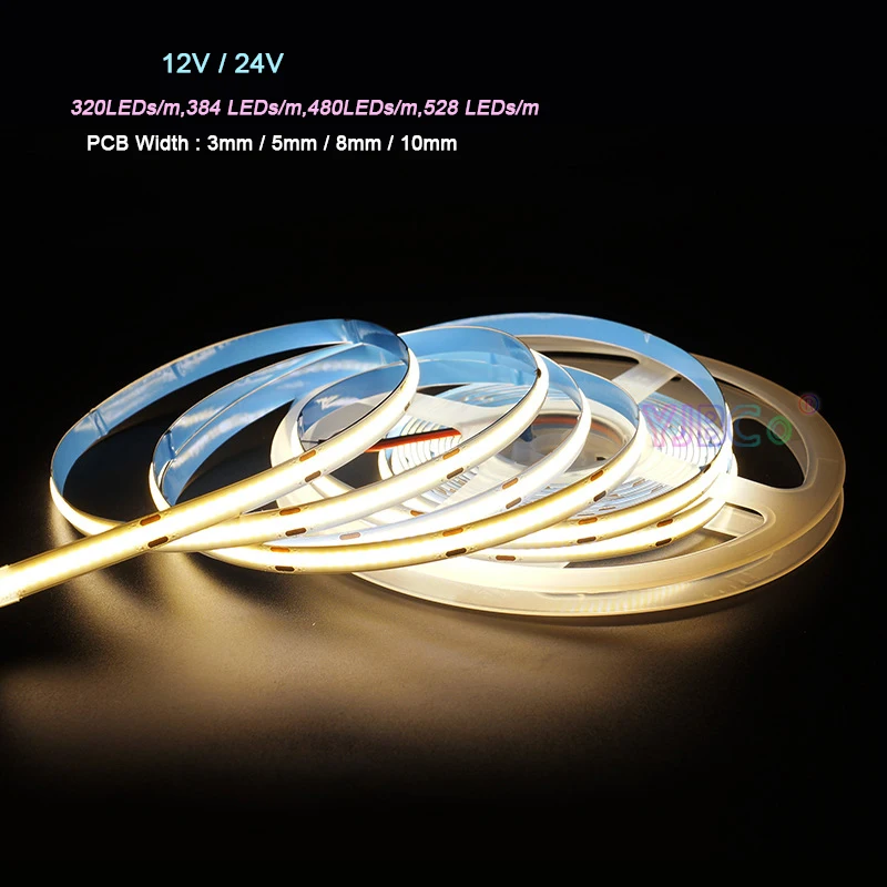 5m COB LED Strip Tape 12V/24V 320/384/480/528 LEDs/m White/Warm White Linear Dimmable High Density Flexible soft Bar FCOB Lights