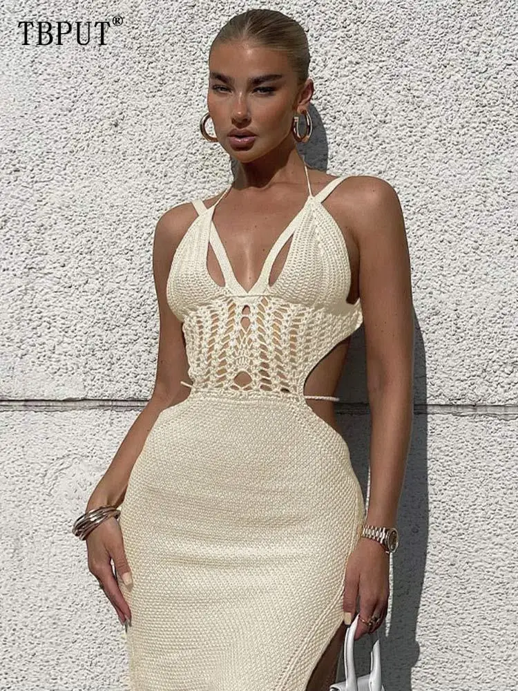 

Sexy V-Neck Strap Split Dress Women Fashion Solid Hollow Perspective Knitted Dresses Summer Chic Female Backless Vestidos