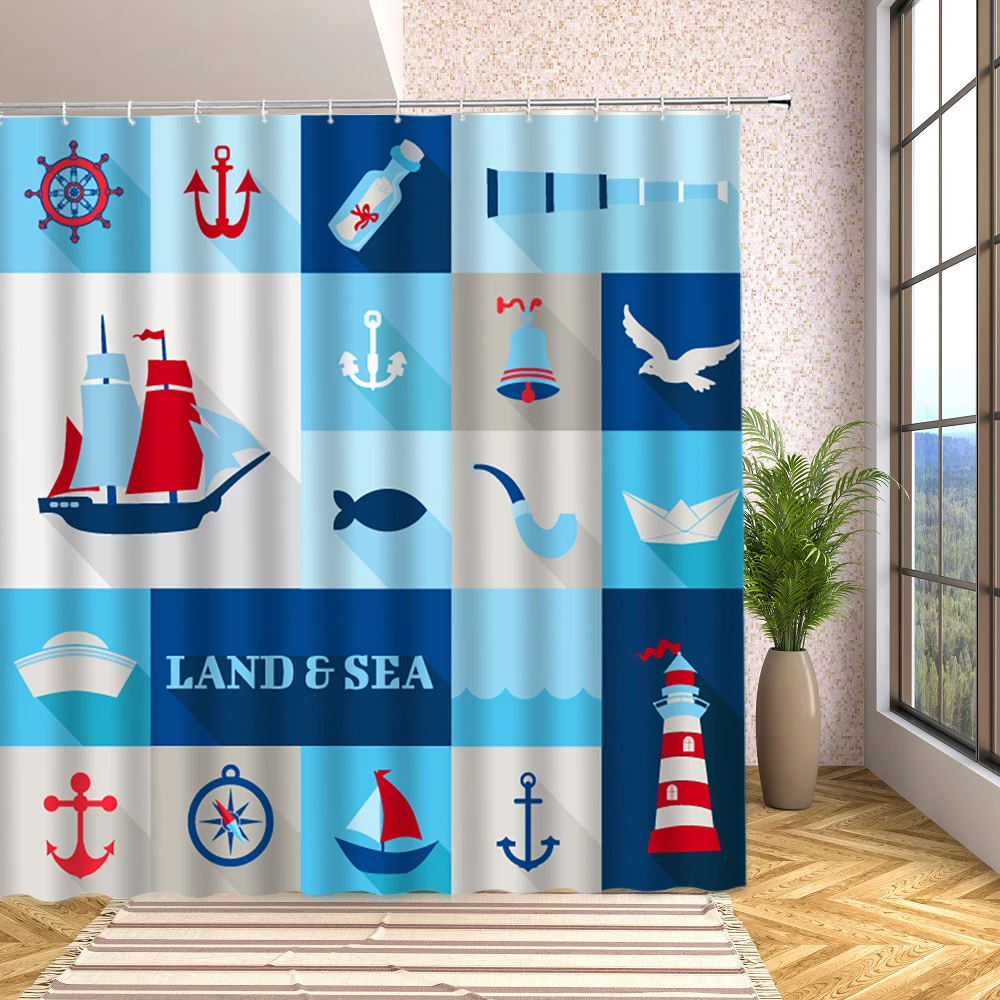 

Vintage Nautical Sailboat Shower Curtains Compass Anchor Lighthouse Pirate Print Bath Screen Fabric Bathroom Decor with Hooks