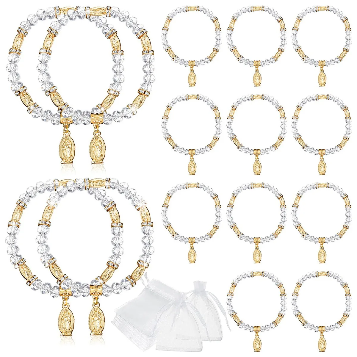 

15Pcs Rosary Bracelet Baptism Favor Crystal First Communion Favors Beaded Catholic Christening Favor with Organza Bag