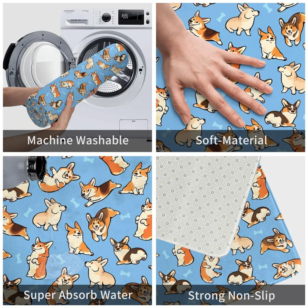 Нескользящий дверной коврик с изображением животных Jolly Corgis в синей гостиной