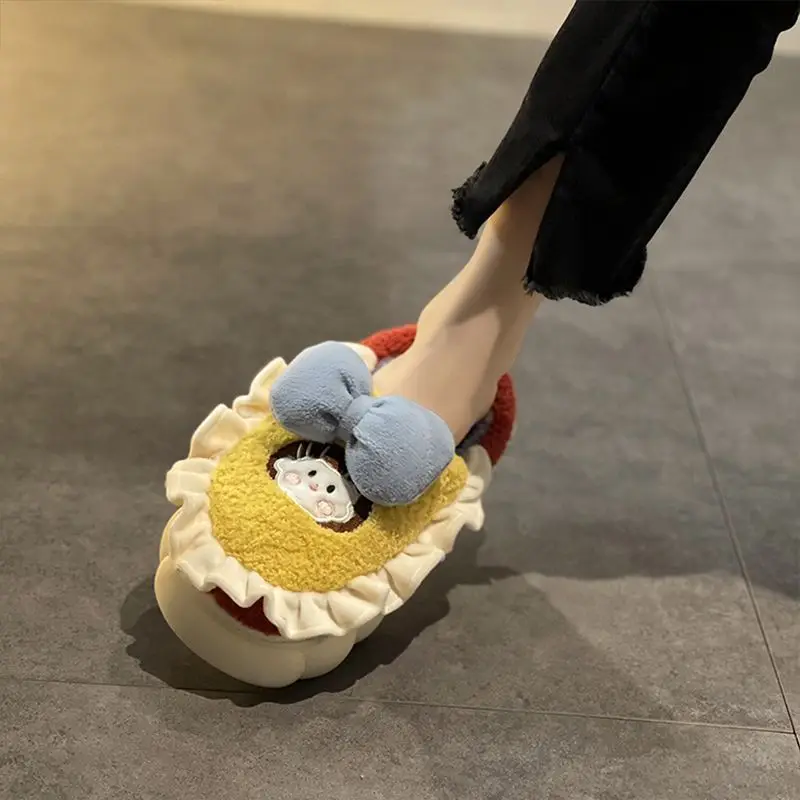 

Bowknot Cotton Slippers for Women New Thick Soled Faux Woolen Shoes for Autumn Winter Slippers Modern Slippers Slides Women