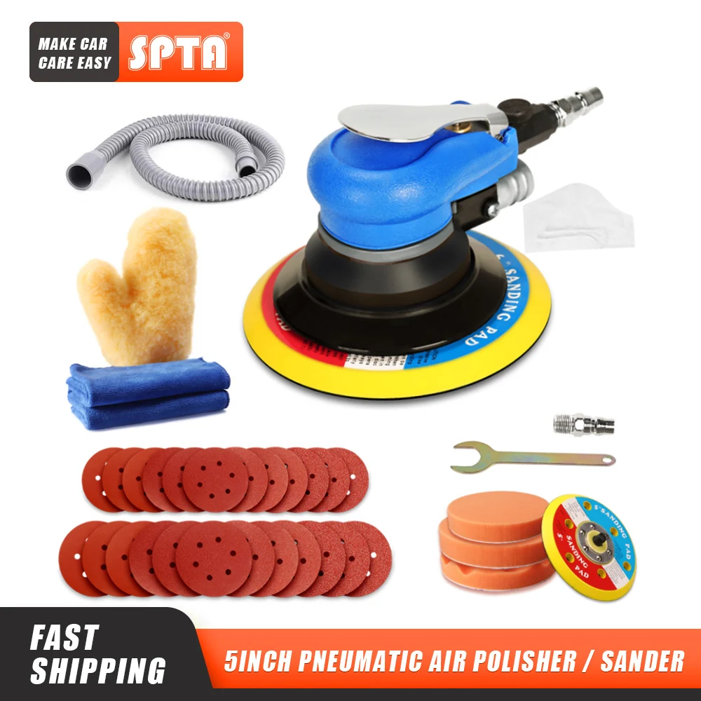 SPTA 5&6 Inch Air Random Orbital Dual Action Sander Orbit Polisher Sanding Grinding Tools Pneumatic with Sanding Discs Paper Pad