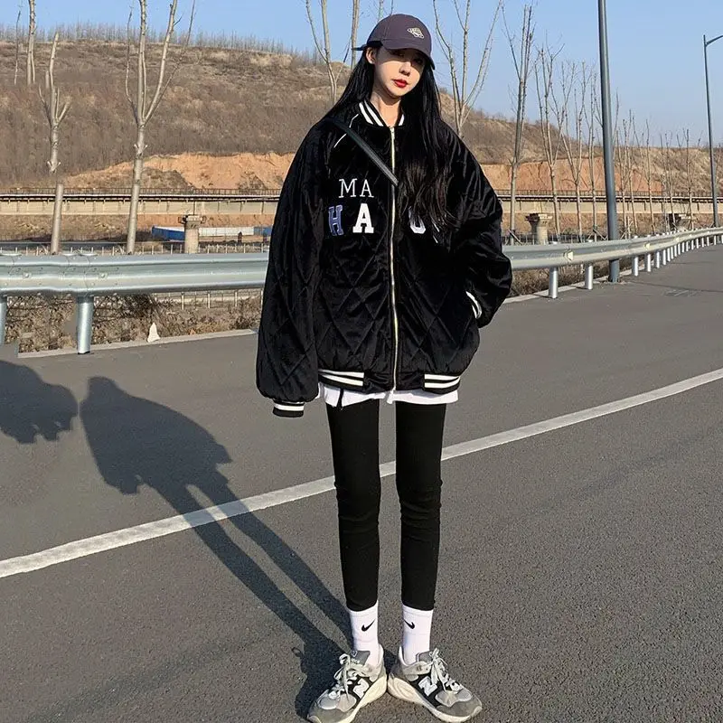 American Retro Style Letter Thick Baseball Uniform Trend Jacket Female Students Winter Harajuku Loose Cotton Coat Ins Overcoat