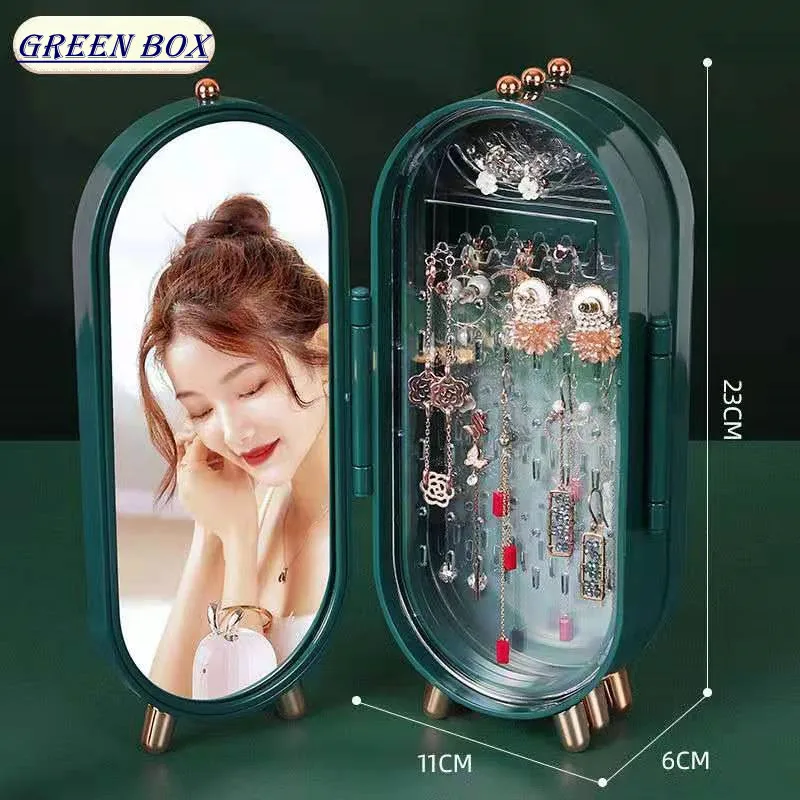

Foldable Jewelry Storage Box Display Stand Casket For Jewelry Organizer With Mirror Dresser Dustproof Plastic Storage Container