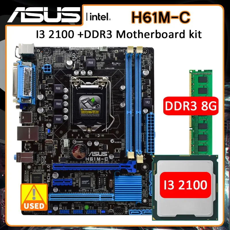 Фото Материнская плата LGA 1155 комплект материнской платы ASUS H61M-C с intel Core I3 2100 и DDR3 DIMM 8G Intel