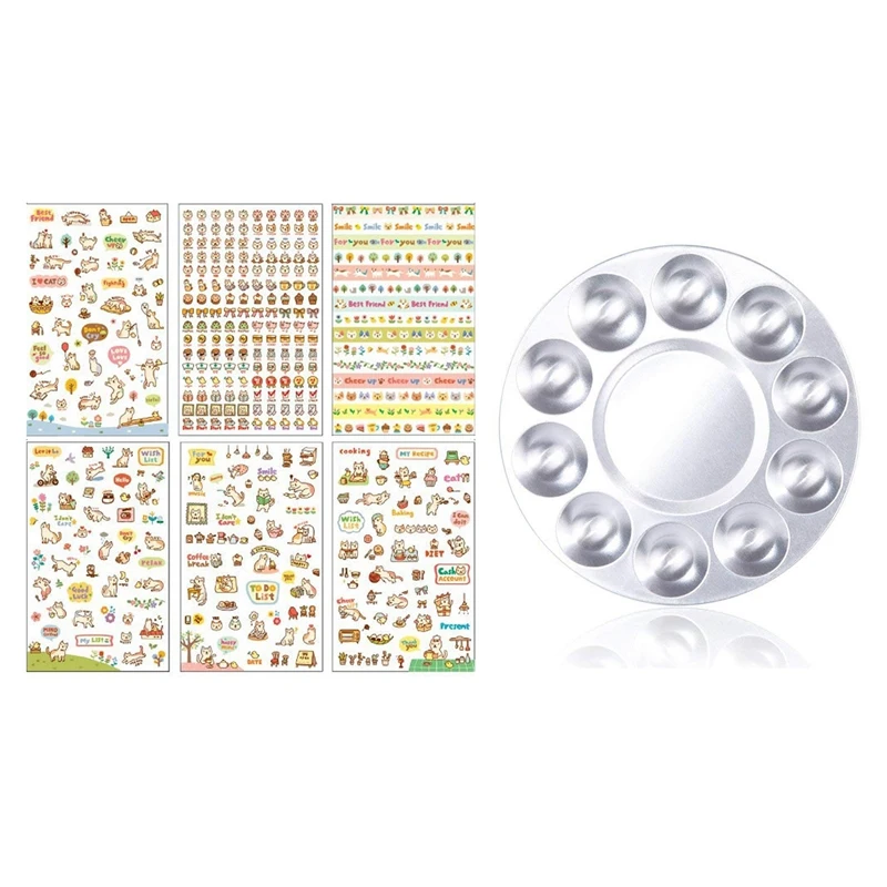 

1Pcs Metal 10 Well Round Artist Watercolours Paint Mixing Palette Tray & 6Pcs Pattern Cute Animals Stickers PVC DIY Decoration D