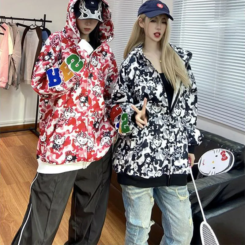 

Sanrioed Couple Hoodie Hello Kittys Y2K Anime Personality Street Camouflage Clothing Spicy Girls Fashion Fall Ins Loose Coat