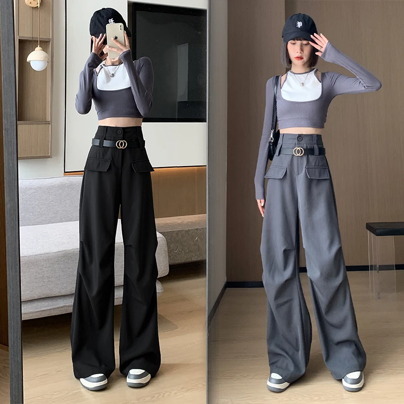 

Women's Vintage Casual Straight Tube Work Suit Wide Leg Pants Loose High Waist Solid Belt Pocket Floor Sweeping Wide Leg Pants