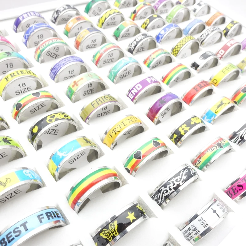 

Wholesale 50pcs/Lot Stainless Steel Band Rings For Men Women Mix Patterns Sticker Fashion Jewelry Finger Accessories Party Gift