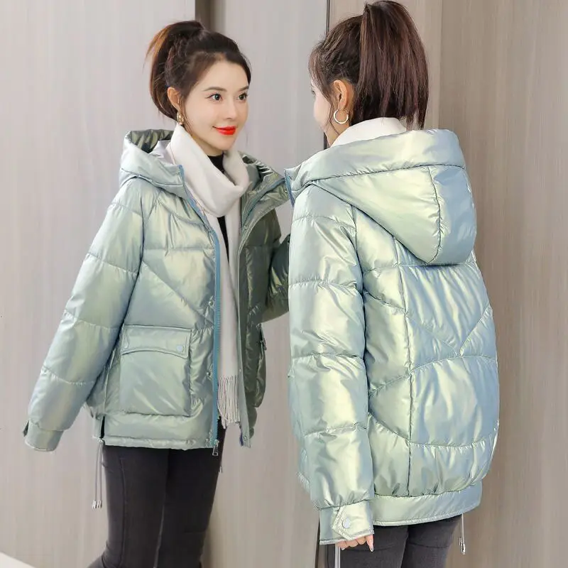 

Women Winter Glossy Down Padded Jacket 2022New Winter Cost Women Warm Thick Parkas Hooded Cotton Clothes Outwear Loose Snow Coat