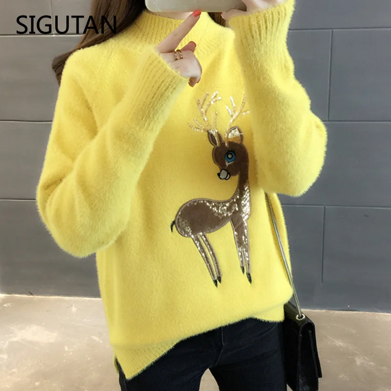 

Women Winter Warm Sweet Sweaters Cute Sweater Korean Reindeer Sweater Fluffy Cashmere Jumper Turtleneck Pullover 2022