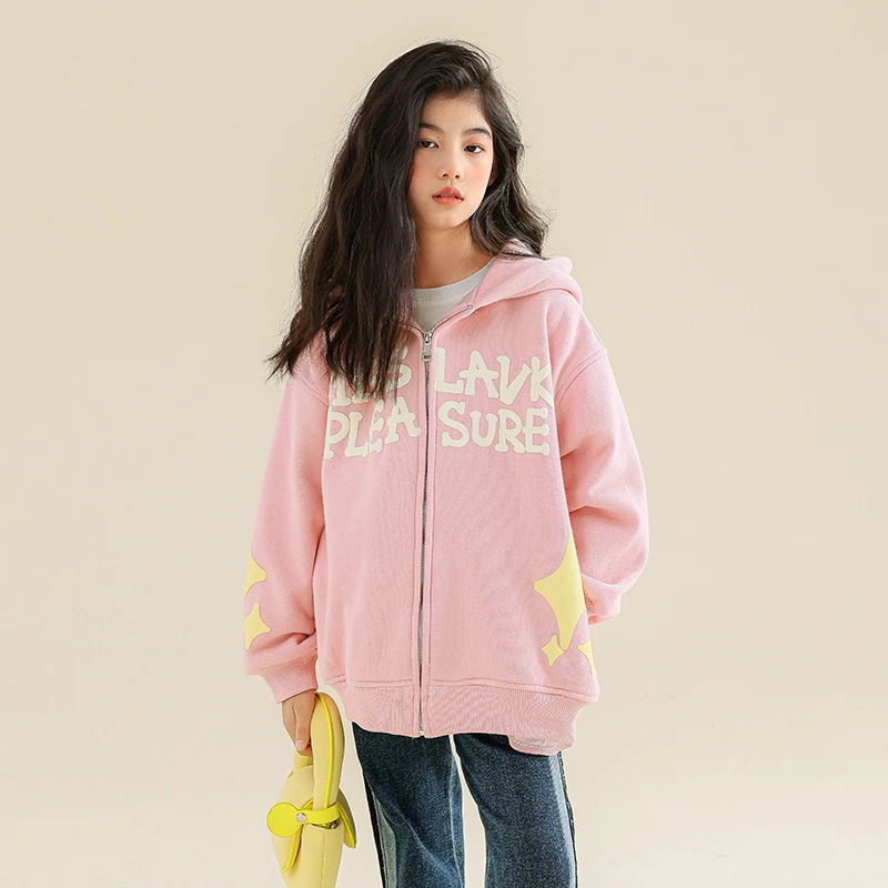 

Флисовая Куртка с капюшоном на молнии для девочек; Сезон осень-зима; Пальто с капюшоном на молнии с буквенным принтом; Модная уличная одежда; Толстовка