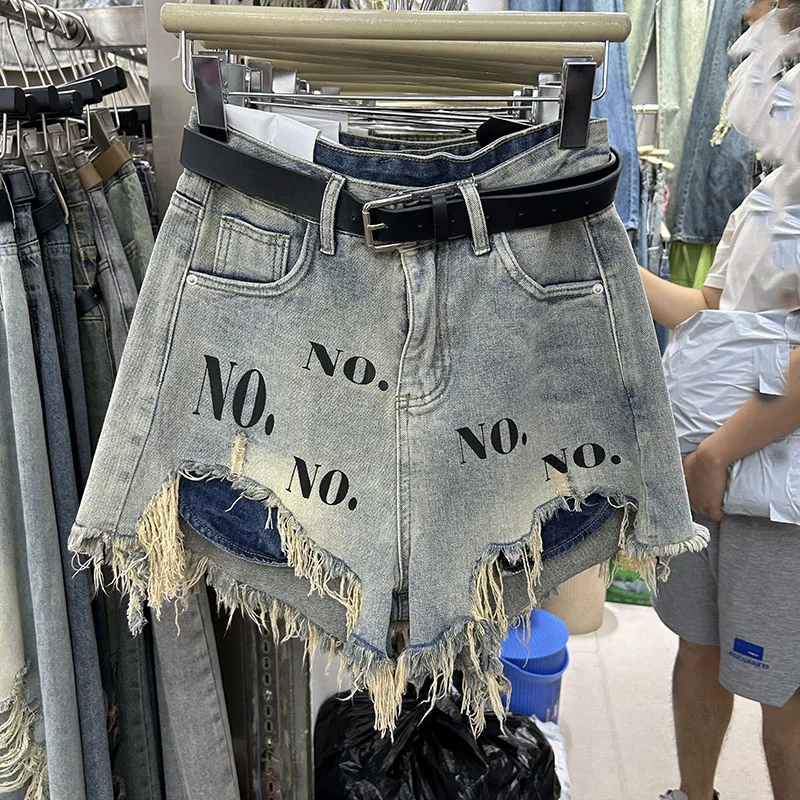 Women's High Waist Slimming Letters Denim Shorts 2023 Summer Design Sense Niche Ripped Frayed Hem All-Matching Short Booty Pants