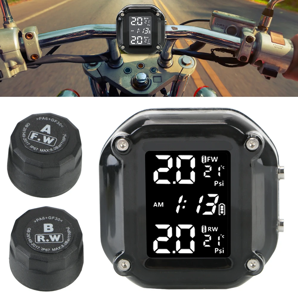 

Wireless LCD Display Motorcycle TPMS Motor Tyre Temperature Tester 2 Sensors Dirt Pit Bike Tire Pressure Monitoring Alarm System