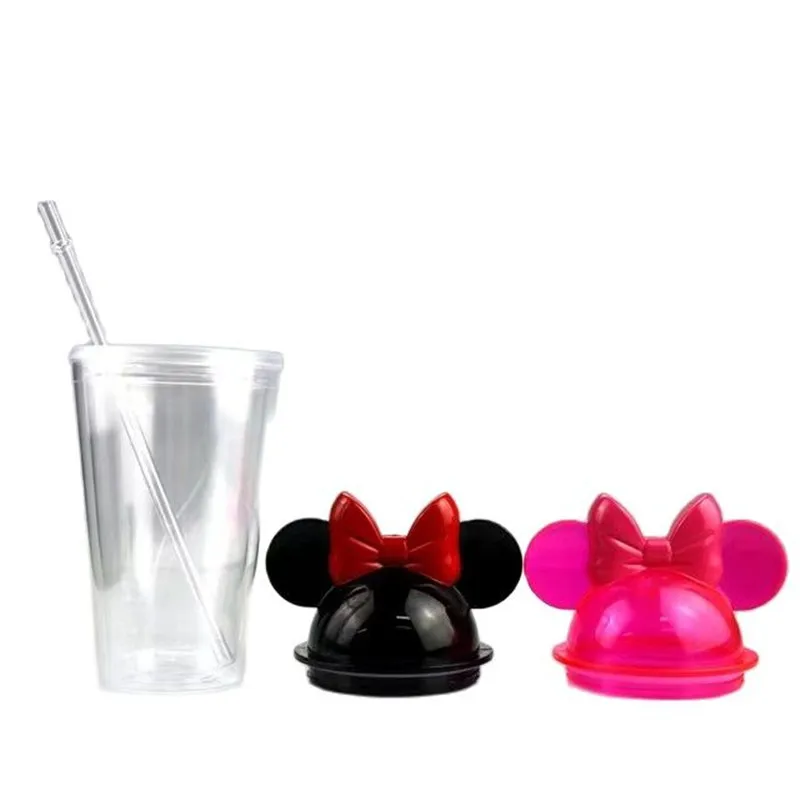 

500ML Mini Cute Mickey Minnie Ears Double Plastic Cup Coffee Cup Simple Water Cup Straw Reusable Drink Gift