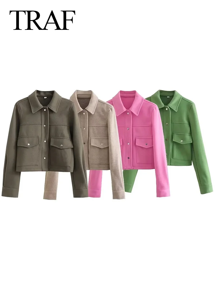 

Women's Jackets Button Down Turndown Collar Shirts Jacket Short Trendy Outwear Jackets with Pockets
