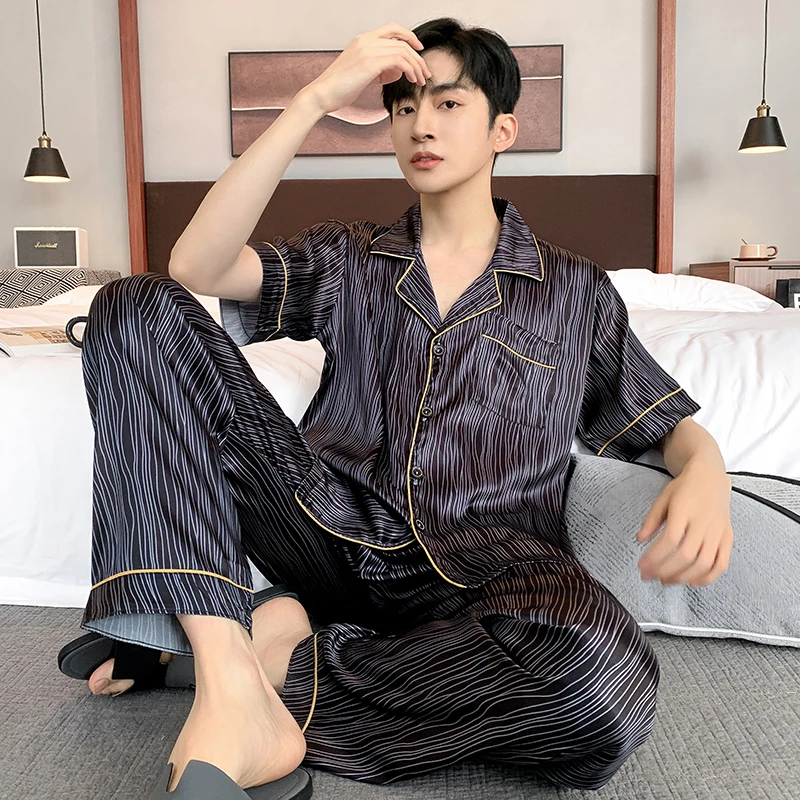 Men Sleepwear Silk Satin Pijama Set Pajama Sets Short Sleeve Sleep Home Clothes Man 2 Pieces Sets Home Suits Pyjamas L-5XL