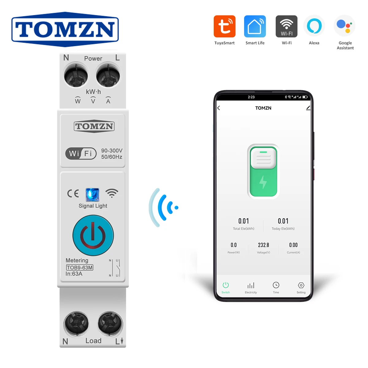 

TOMZN TOB9-63M 63A 1P+N WIFI Smart Switch Energy Meter Kwh Metering Monitoring Circuit Breaker Timer Relay MCB TUYA smartlife