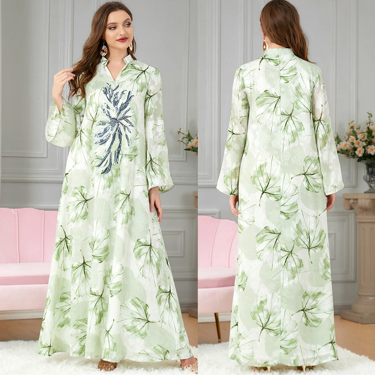 Muslin Dress for Dubai Abaya Kaftan Arab Middle East Women Robe Green Print Loose Long Dress for Wedding Fashion Female Clothing