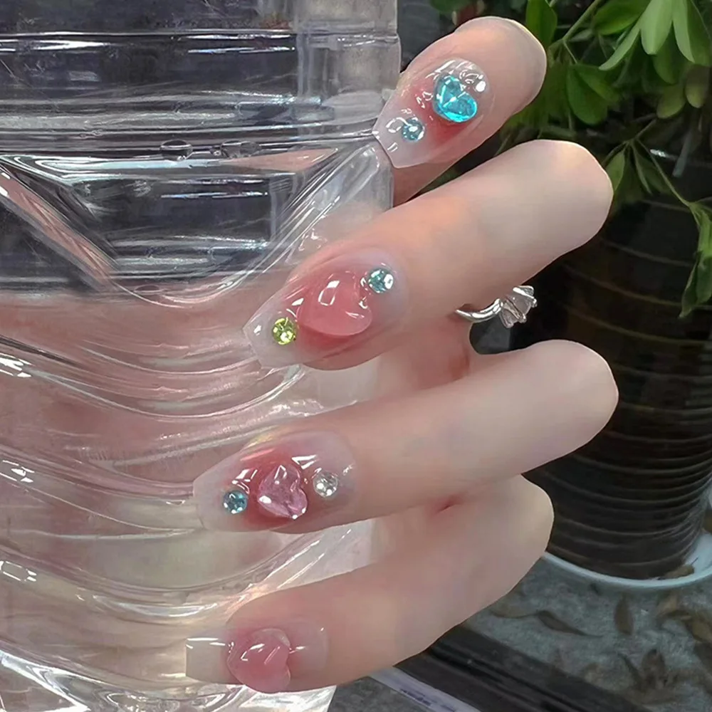 

24Pcs Blusher Halo Dyeing Love French Press on Nails Reusable False Nail Removable Fake Nails Short Round Coffin Nail with Glue